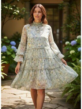 Storia Floral Tiered Long-Sleeve Midi Dress Ruffled Neckline Sheer Overlay Small
